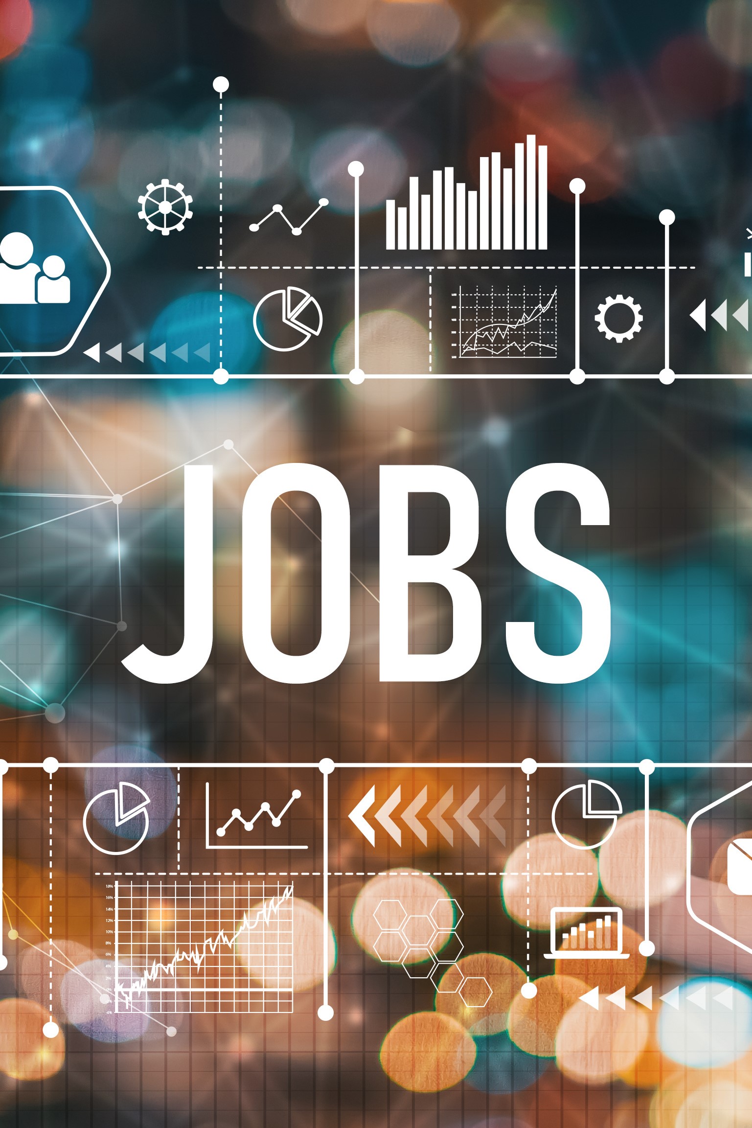 zentral das Wort JOBS, umrandet von Linien und Graphen, im Hintergrund verschwommene Lichtpunkte