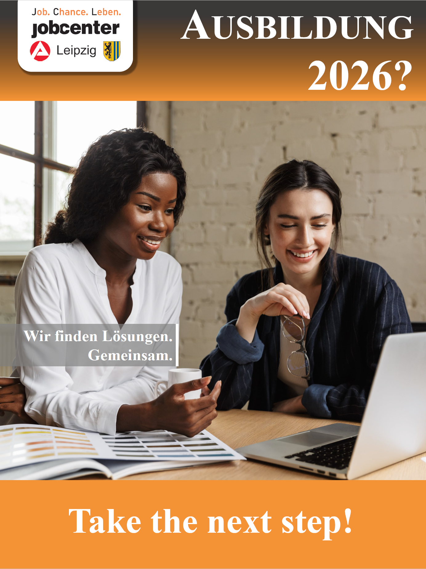 2 women looking at a laptop, slogan: Training 2026? Take the next step!