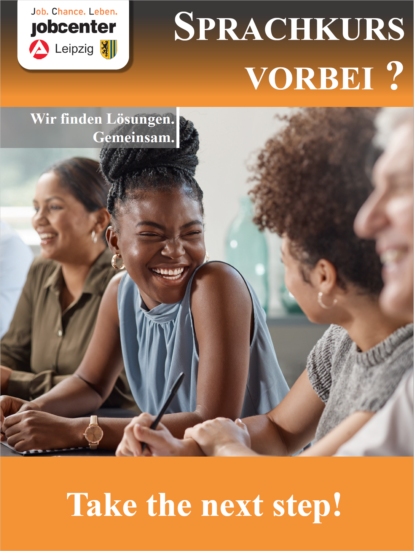 2 women talking, slogan: Language course over? Take the next step!