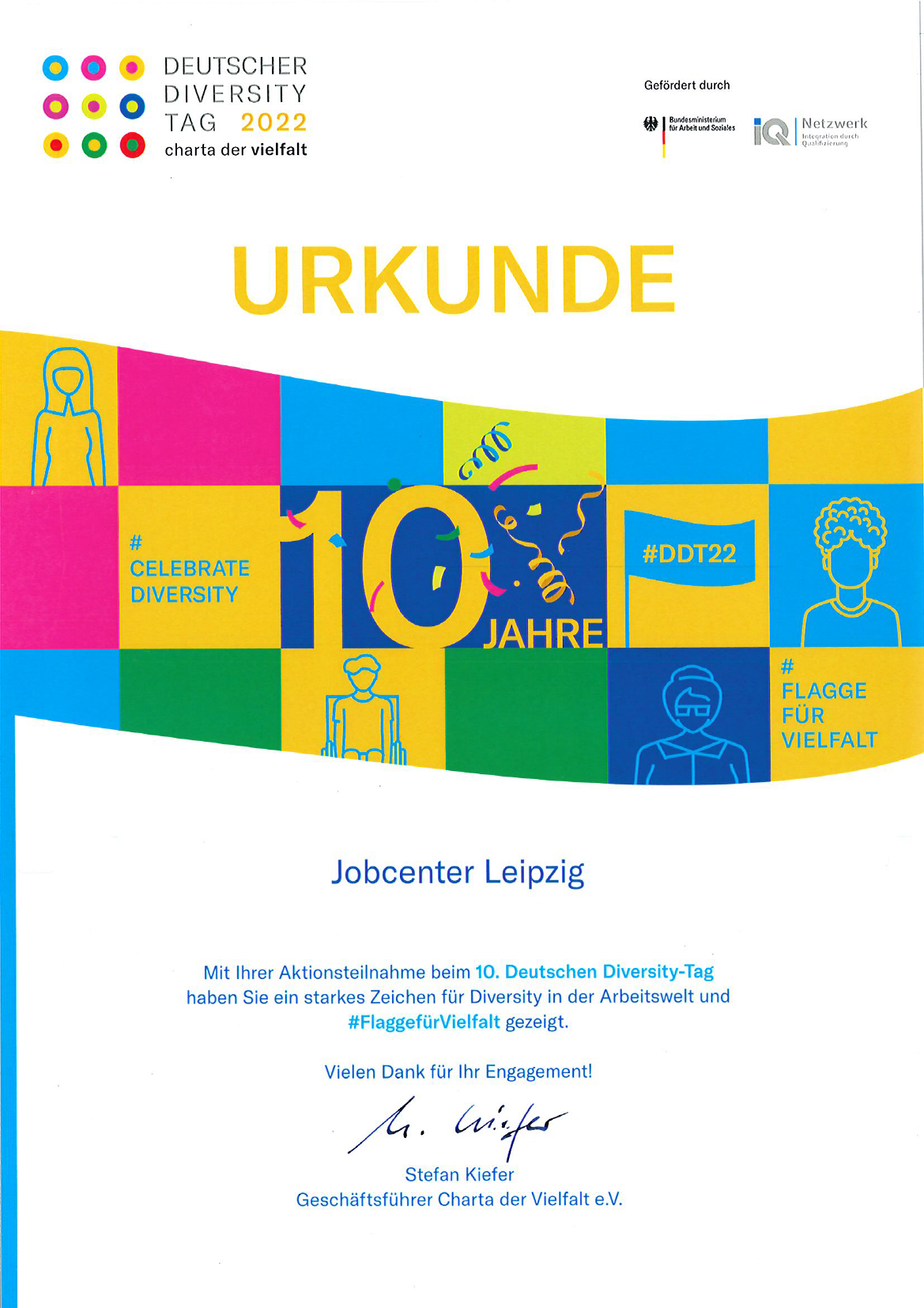 Urkunde der Charta der Vielfalt zur Aktionsteilnahme beim 10. Deutschen Diversity-Tag