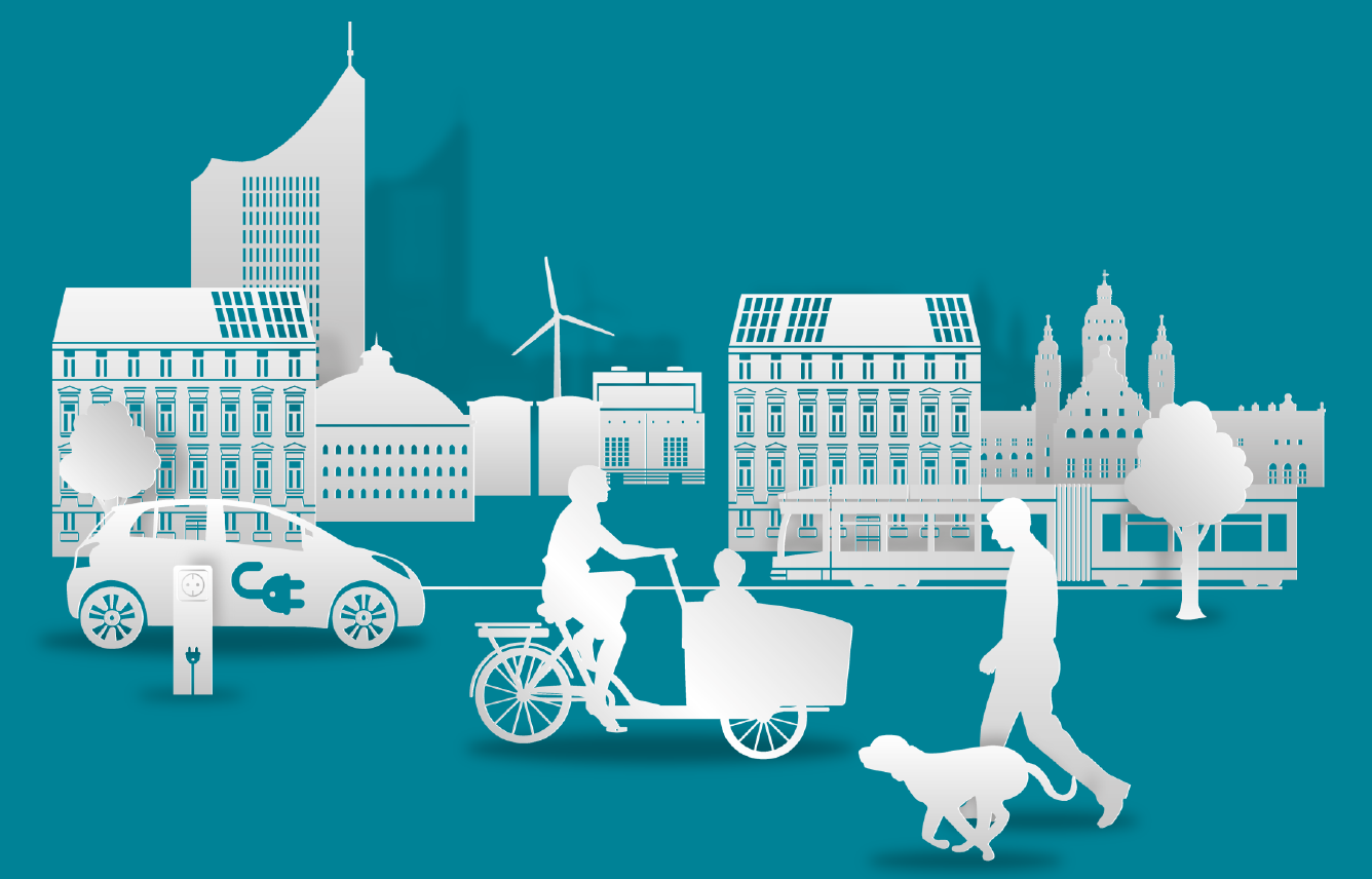 Silhouette der Stadt Leipzig mit eAuto, eBike, Baum und Spaziergänger